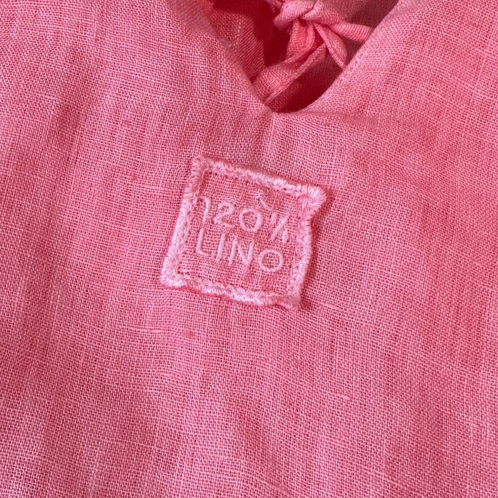 120% Lino Resort Linen Tiered Halter Maxi Dress Crochet Sleeveless, Coral Pink - Picture 10 of 14